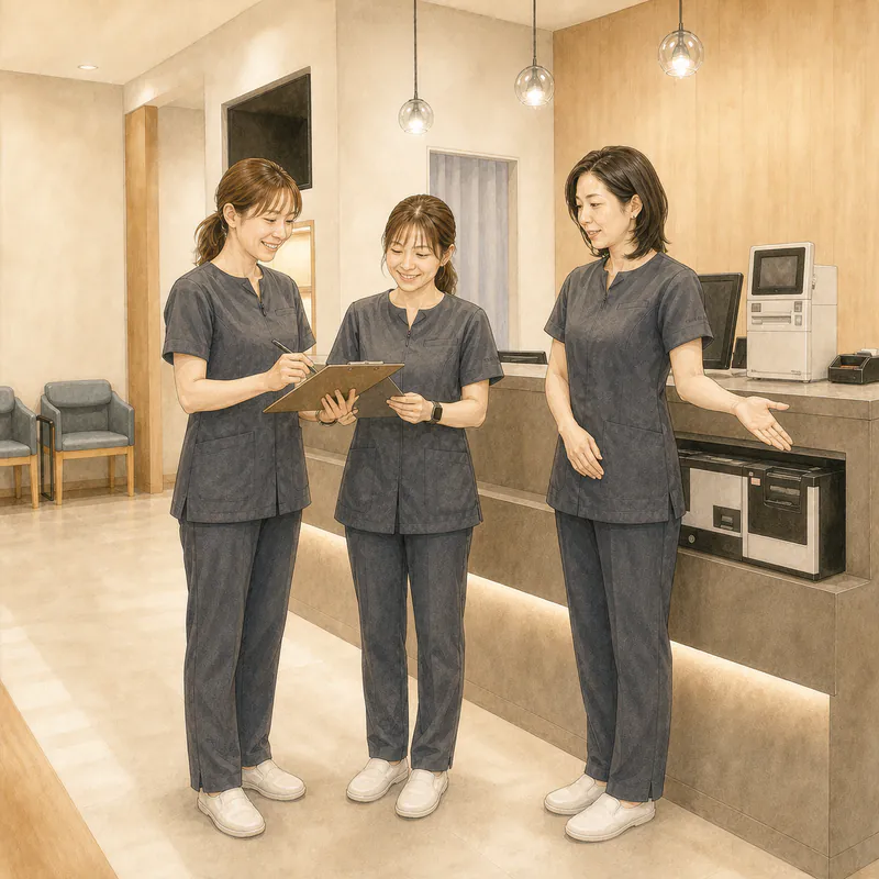 グレーの制服を着た女性スタッフによる朝礼