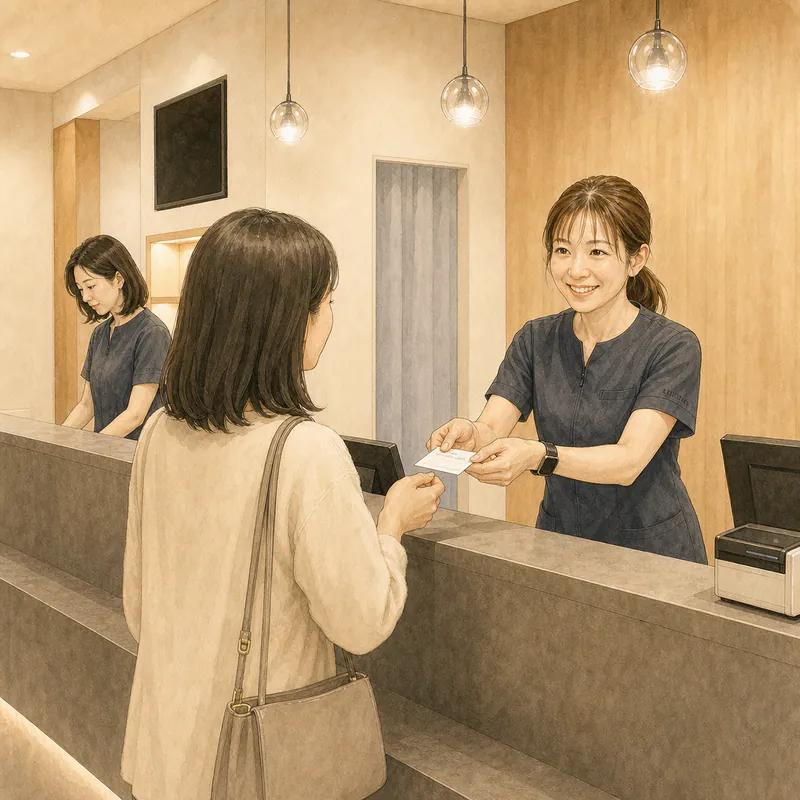 受付で患者様を案内する女性スタッフ