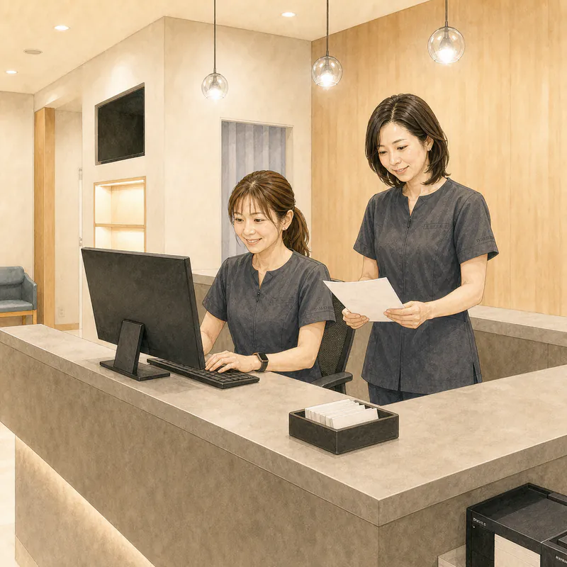 受付で電子カルテを入力する女性スタッフ