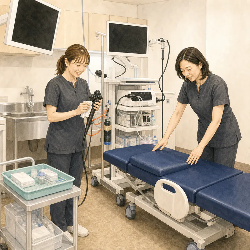 内視鏡検査の準備を行う女性スタッフ