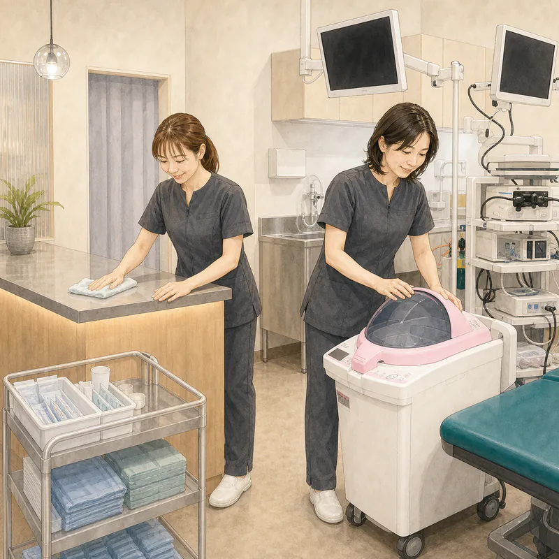 内視鏡室の洗浄と片付けを行う女性スタッフ
